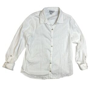 Womens Orvis Linen Button Up Shirt White Roll Tab Long Sleeve Small